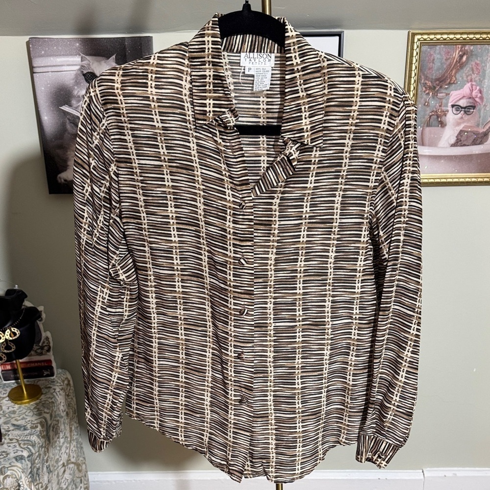 EUC 100% Silk Allison Taylor Brown and Cream Striped Blouse Beautiful!